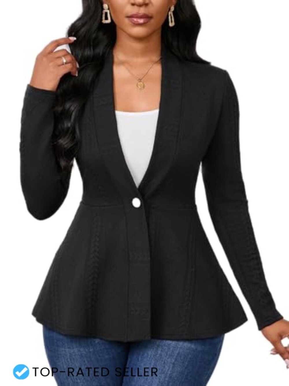 Womens Casual Textured Knit Blazer Button Ruffle Hem Slim Fit Work